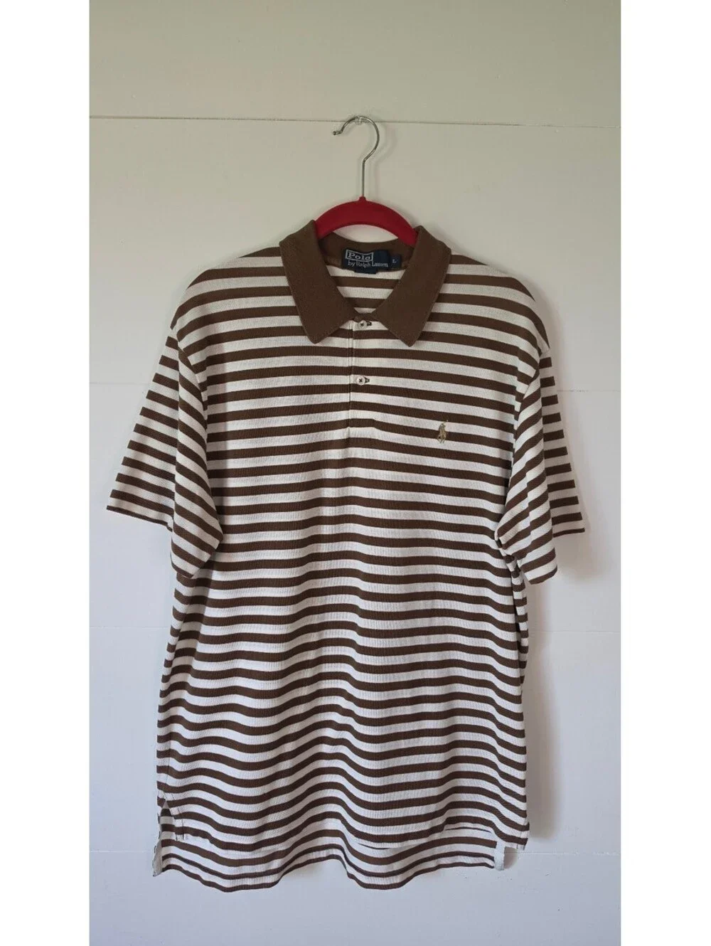 Polo Ralph Lauren Brown & White Striped Polo, Mens Large,  #128